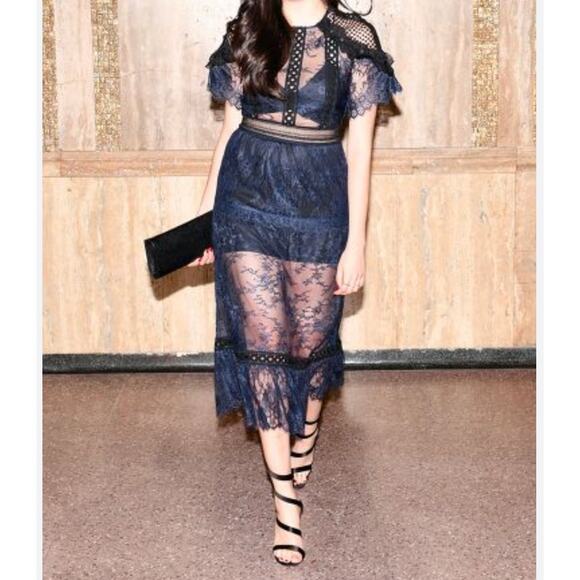 Self-Portrait Navy Lace Frill Midi Dress SP13-056 Size 4 Elegant Cocktail - Picture 3 of 16